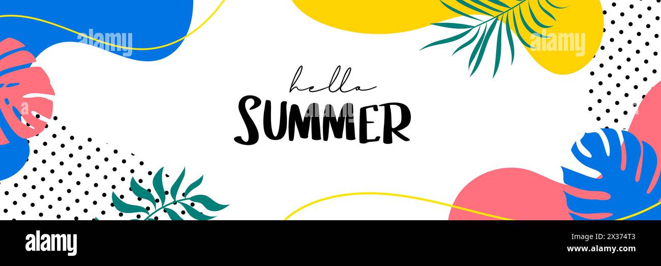 Hallo Sommer Banner Design handgezeichnet Stil. Sommer mit Kritzeleien und Objekten Elemente Hintergrund. Stock Vektor