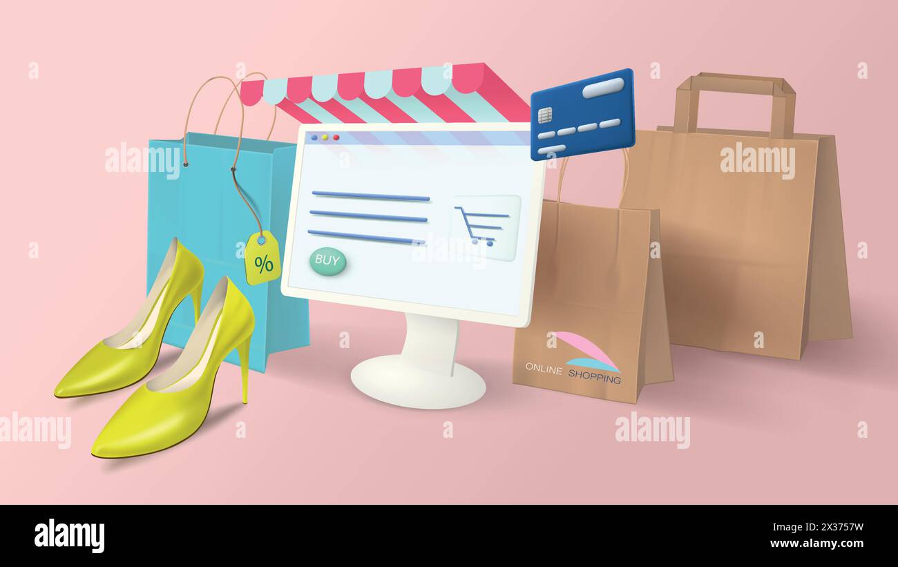 Online-Shopping zu Hause auf Ihrem Computer. Banner mit realistischen Einkaufsgegenständen, Papiertaschen, Jeansschuhen, Monitor auf pinkfarbenem Hintergrund. Stock Vektor