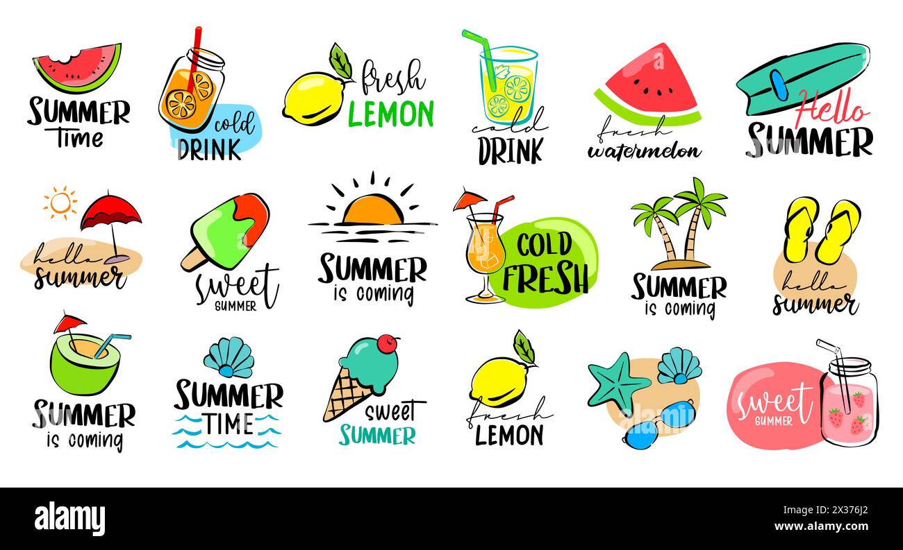 Handgezeichnete Schilder und Banner-Elemente reisen. Hallo Sommer Symbole und Objekte. Stock Vektor