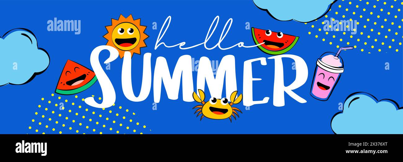 Hello Summer Camp Poster Design mit lustigen Zeichentrickfiguren. Stock Vektor