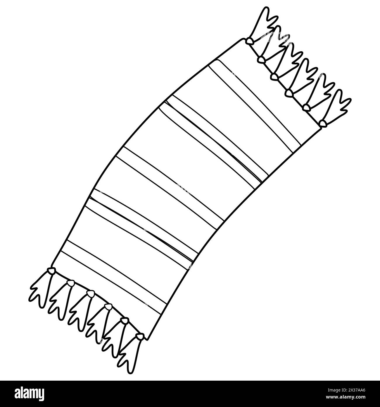 Doodle Beach Mat Illustration. Einfache Zeichnung für Schwarzweiß-Kontur. Teppich mit Streifen Vektor isolierte Illustration. Großes Handtuch mit Fransen. Tour Stock Vektor