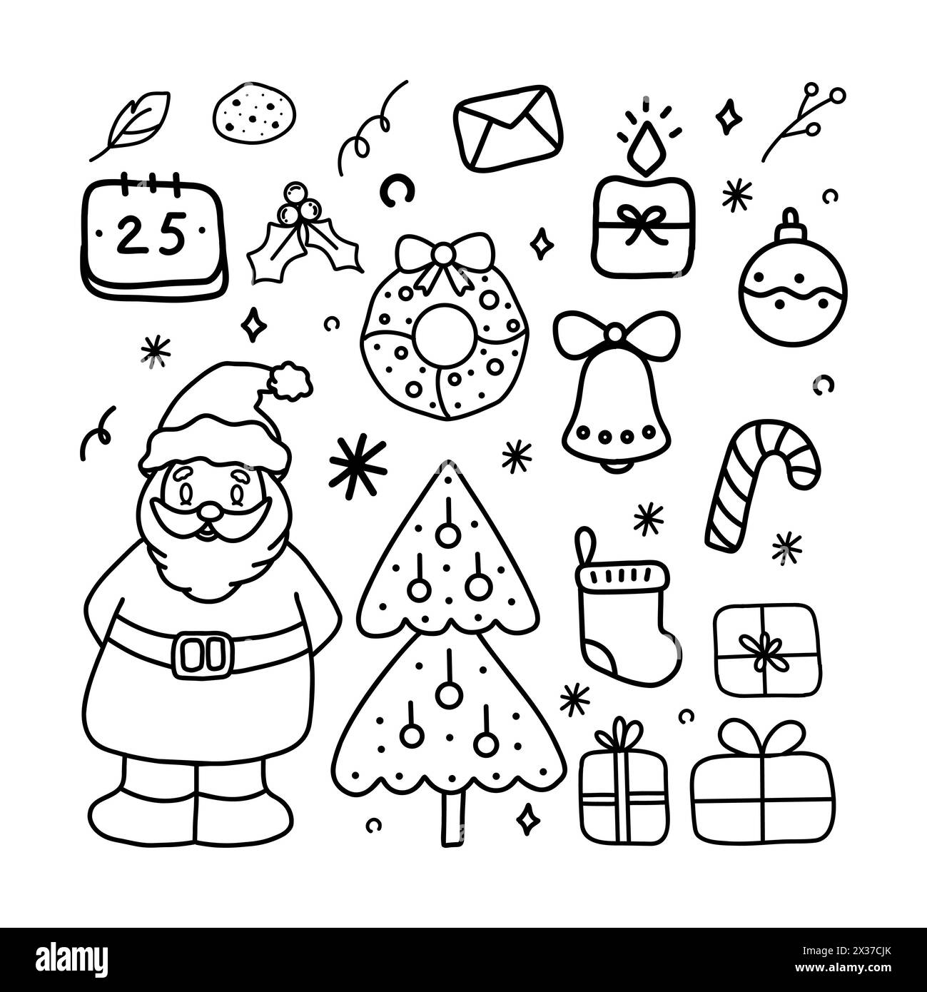 Set aus gemütlichen Elementen für Weihnachten. Vektorelemente im Doodle-Stil. Kranz, Kerze, Weihnachtsmann, Baum, Zuckerrohr, Kekse, Schneeflocke, Glocke, Geschenkbox. Stockfoto