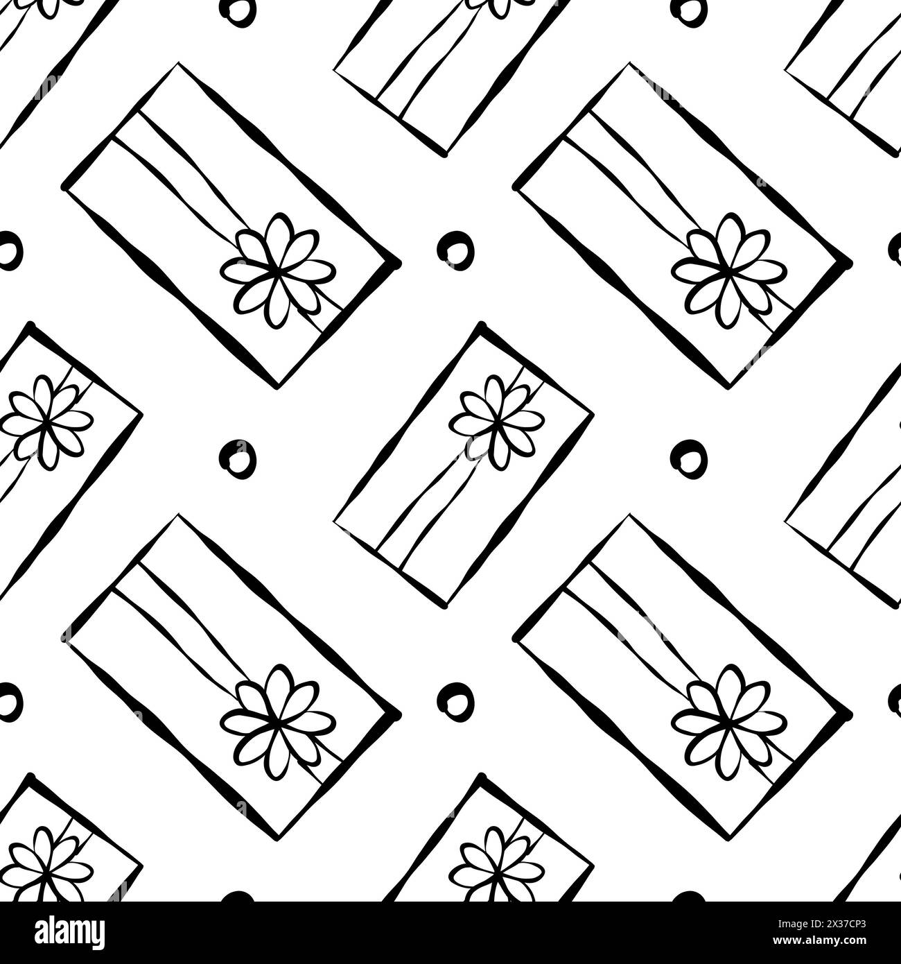 Nahtloses Muster verschiedene Weihnachten, Geburtstagsgeschenke. Papiermuster, Schleifen und Bänder werden eingewickelt. Handgezeichnetes Doodle Weihnachten, Neujahr oder Geburtstag Geschenk Stockfoto