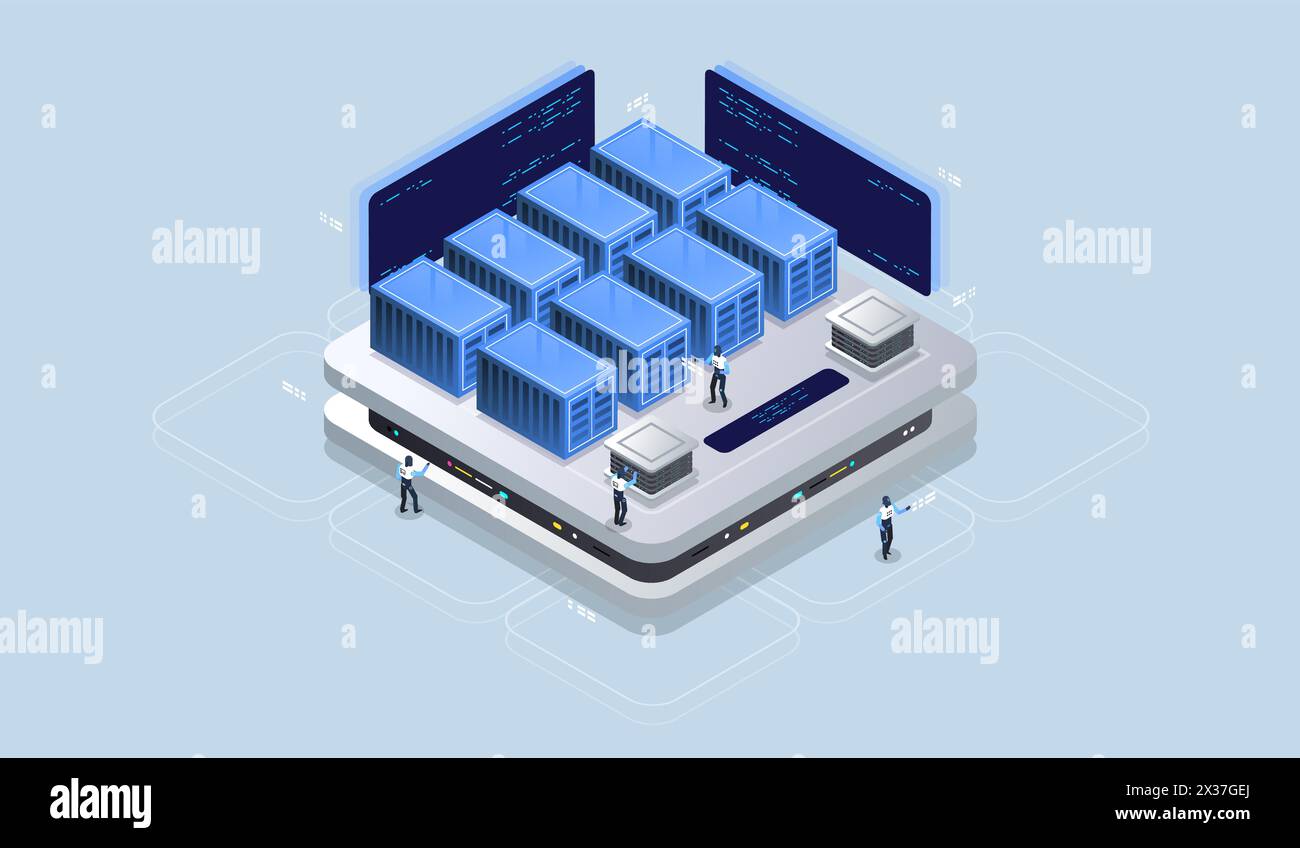 Isometrisches Designkonzept Virtual Reality und Augmented Reality. Softwareentwicklung und Programmierung. Berechnung des Big Data Center, Informationsverarb Stock Vektor