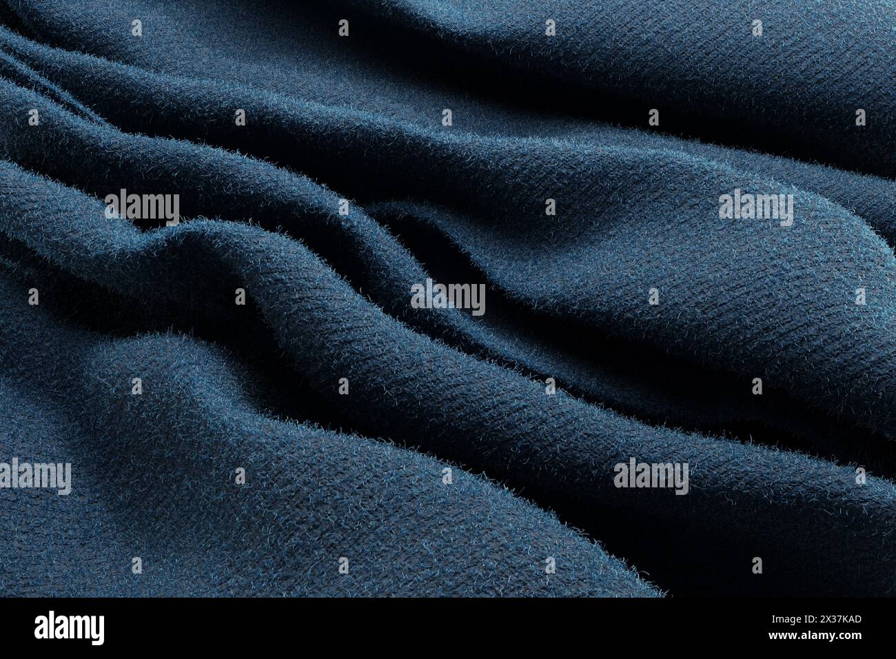Blaues Wollgewebe mit losen Fäden und detaillierter Textur. Illustration als Hintergrund und Hintergrundbild für Webdesigns und Diashows Stockfoto