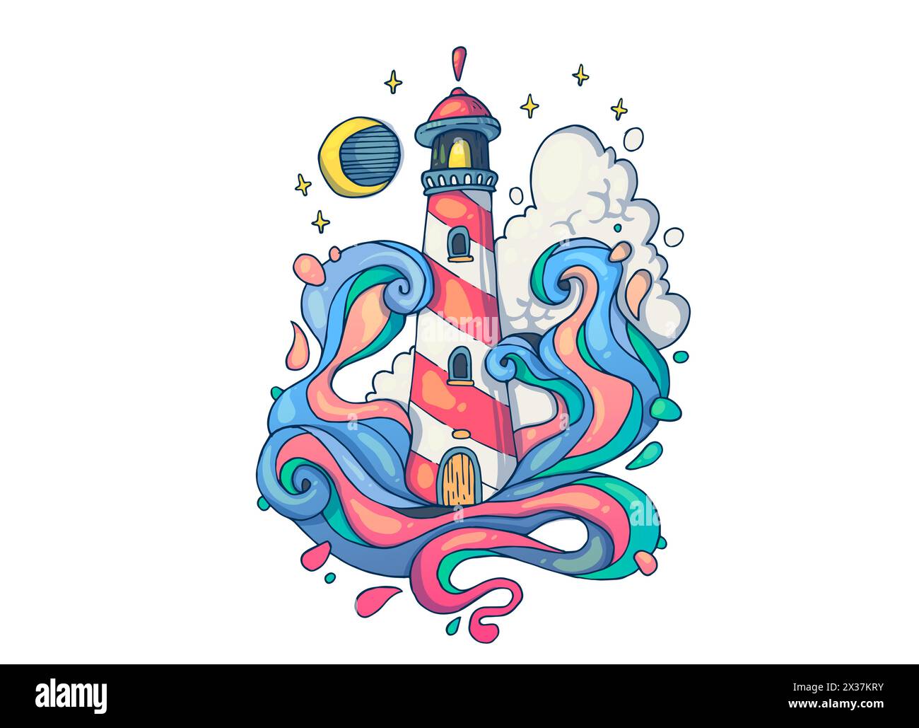 Ein Sturm auf dem Meer in der Nähe des Leuchtturms. Kreative Cartoon-Illustration. Bild für Printmedien, Werbung, Anwendungen und T-Shirt-Druck. Stock Vektor