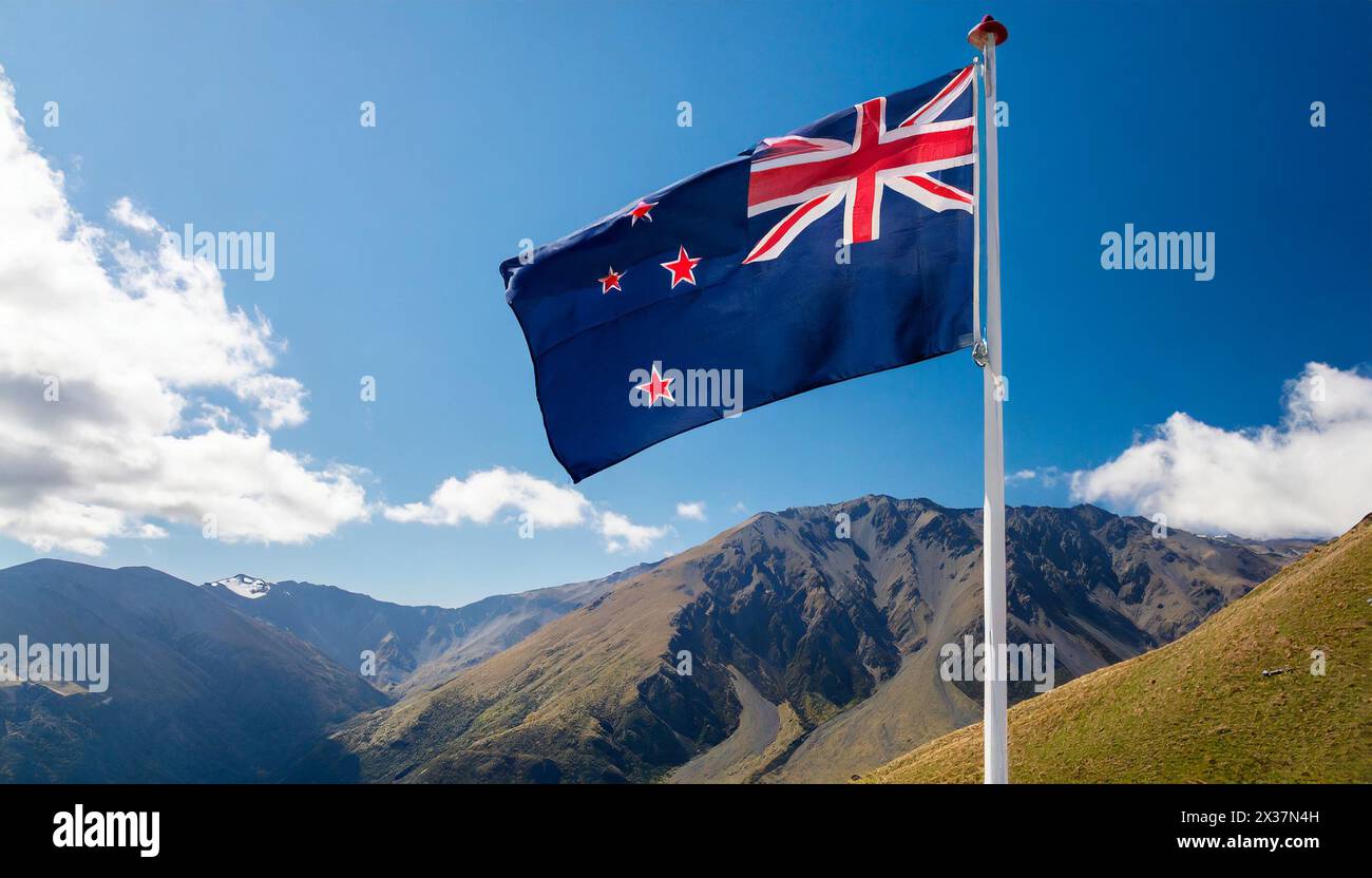 Fahnen, die Nationalfahne von Neuseeland flattert im Wind Stockfoto