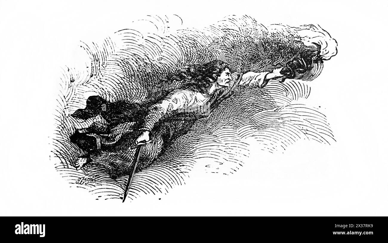 Holzgravierung eines Engels Gottes, der Jerusalem zerstören soll (Chroniken) aus dem 19. Jahrhundert illustrierte Familienbibel Stockfoto