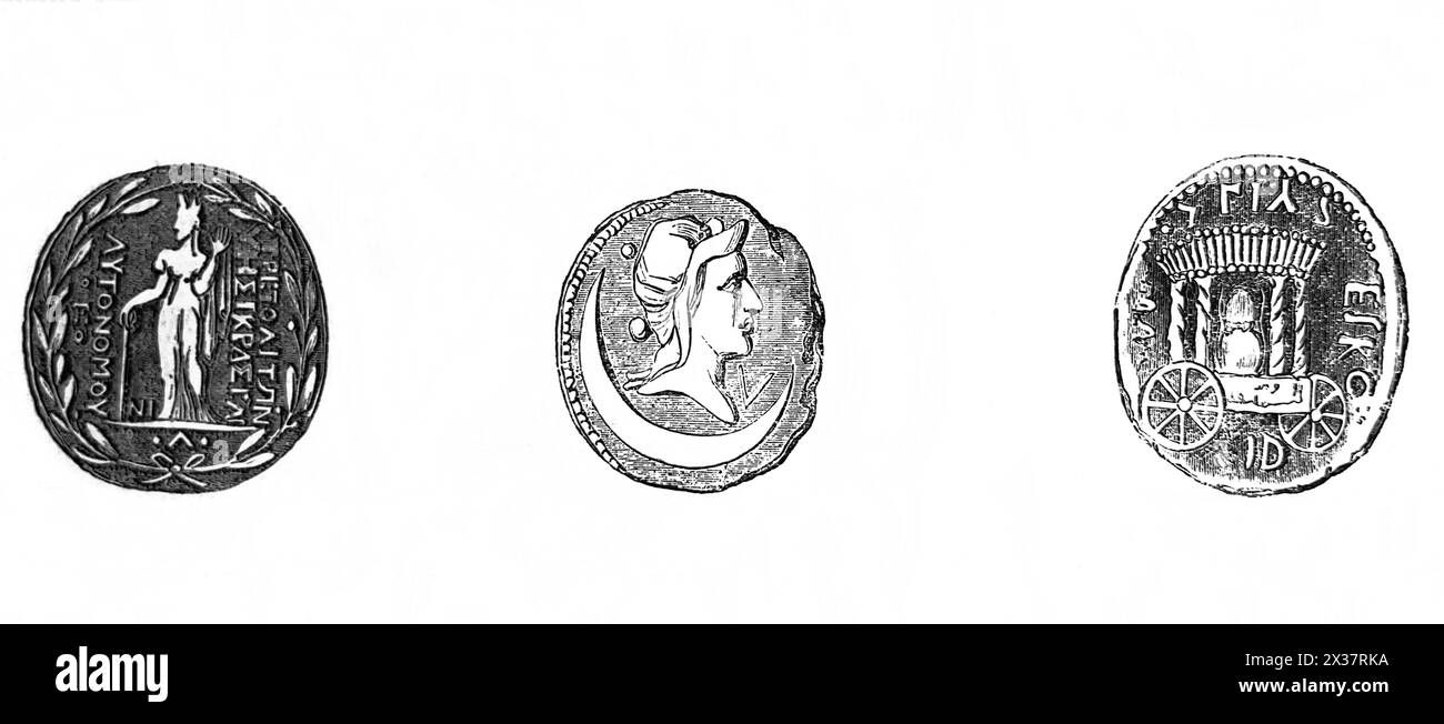 Holzgravierung der phönizischen Silbermünzen von Astarte von links nach rechts - eine der Formen von Astarte in Tyrus, Kopf von Astarte und Astarte in a ca Stockfoto