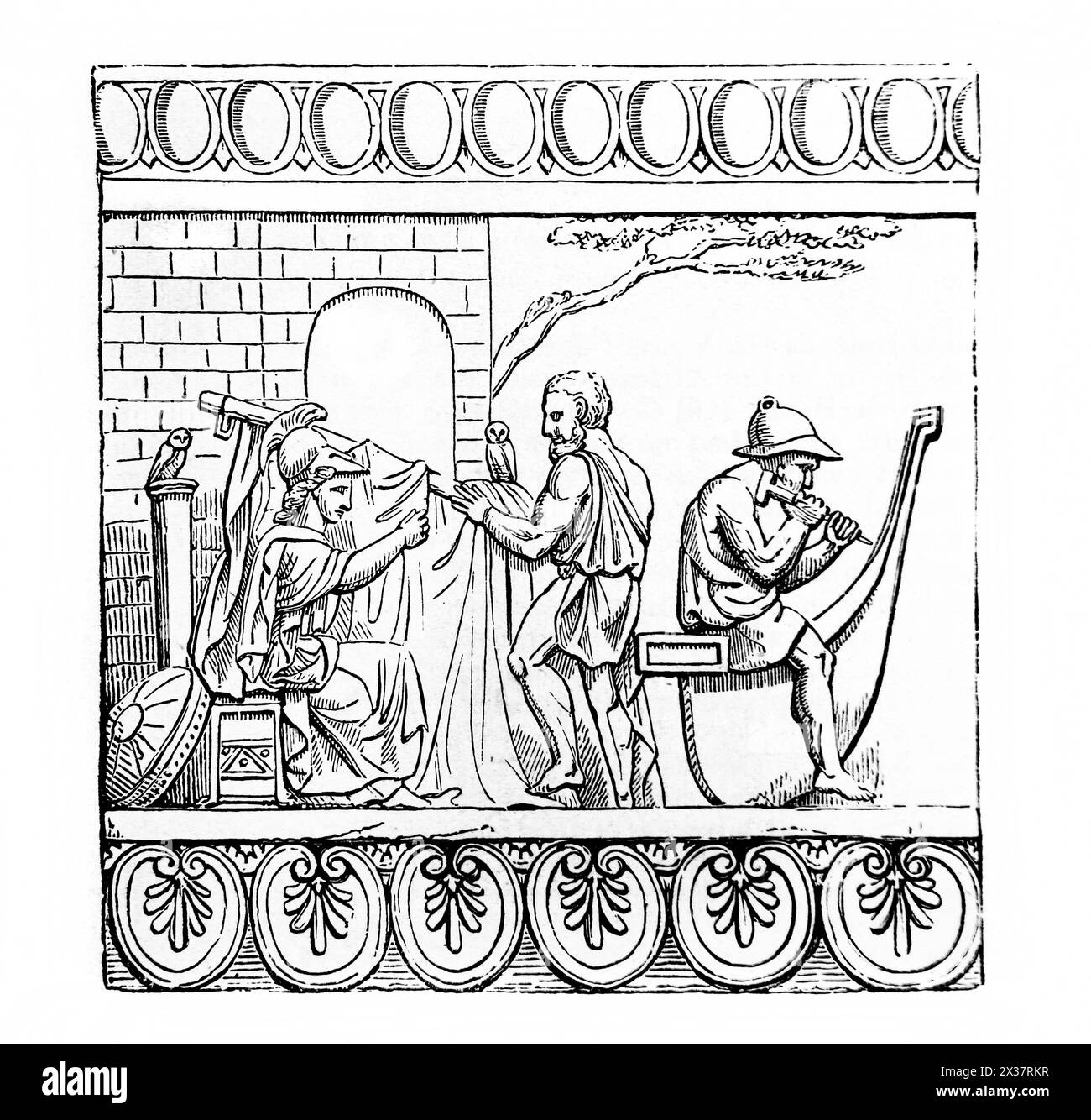 Holzgravur des Gebäudes des Schiffes Argo aus der Townley von einem römischen Terrakotta-Relief von Athena, Argus und Tiphys, die die Argo bauten Stockfoto