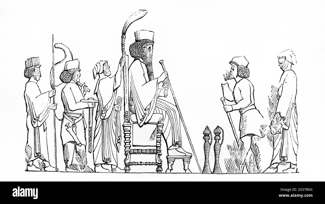 Holzgravierung eines persischen Königs auf seinem Thron aus dem antiken Basreliefs im Säulenpalast von Persepolis von 100 in Ker Porters Reisen von I Stockfoto