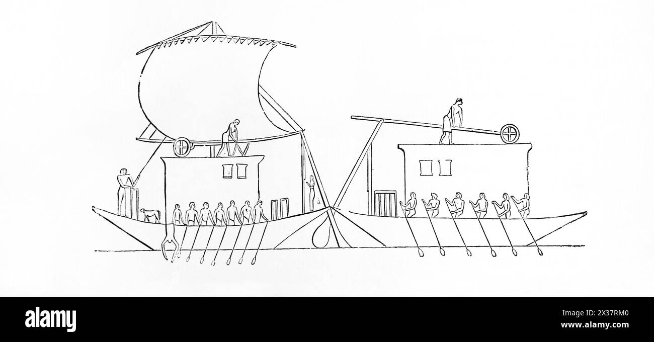 Illustration des ägyptischen Schiffes aus Skulpturen in der Grotte des Eleutheriums aus dem 19. Jahrhundert illustrierte Familienbibel Stockfoto