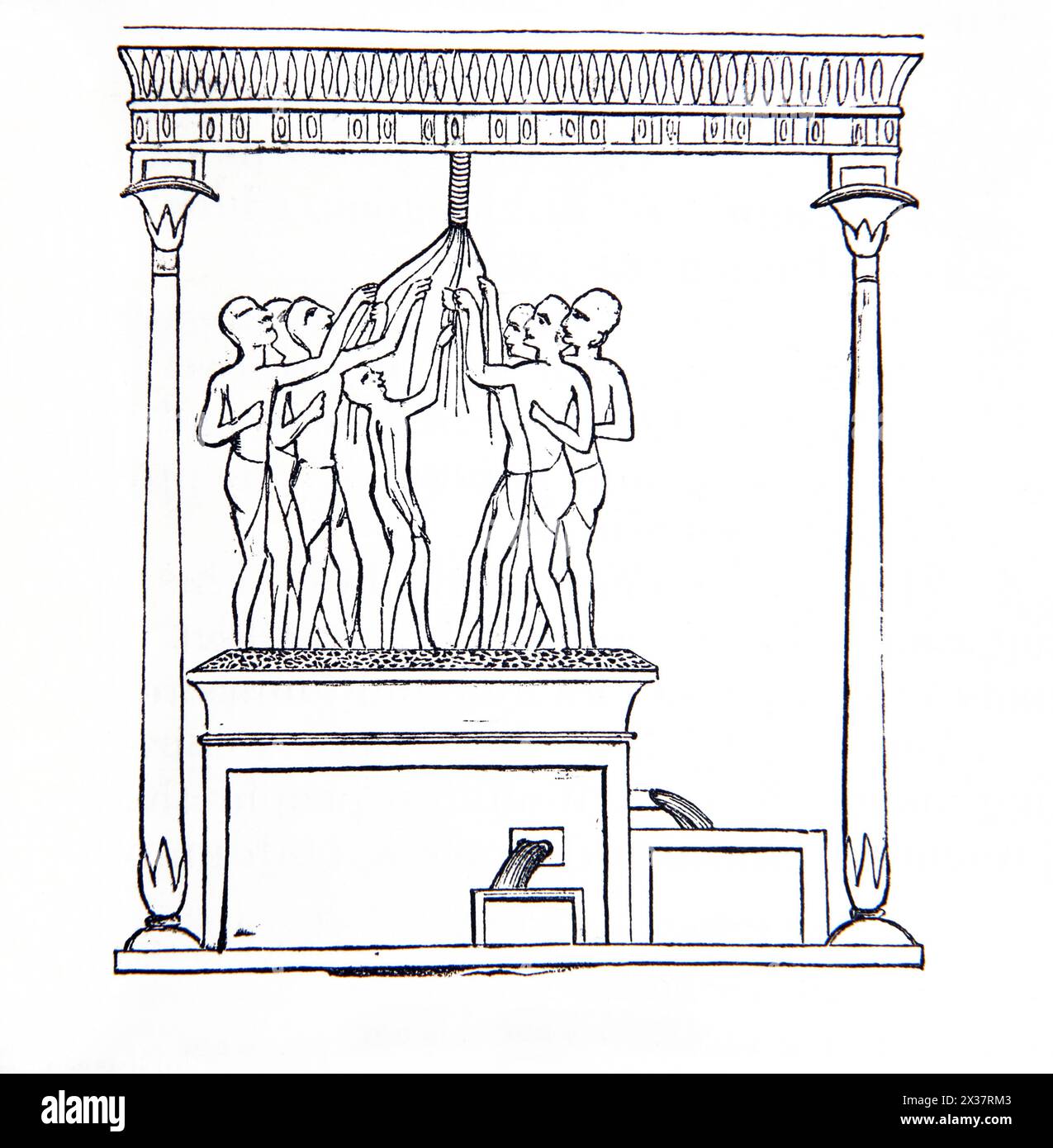 Holzgravur mit einer ägyptischen Weinpresse aus der antiken Bibel des 19. Jahrhunderts Stockfoto