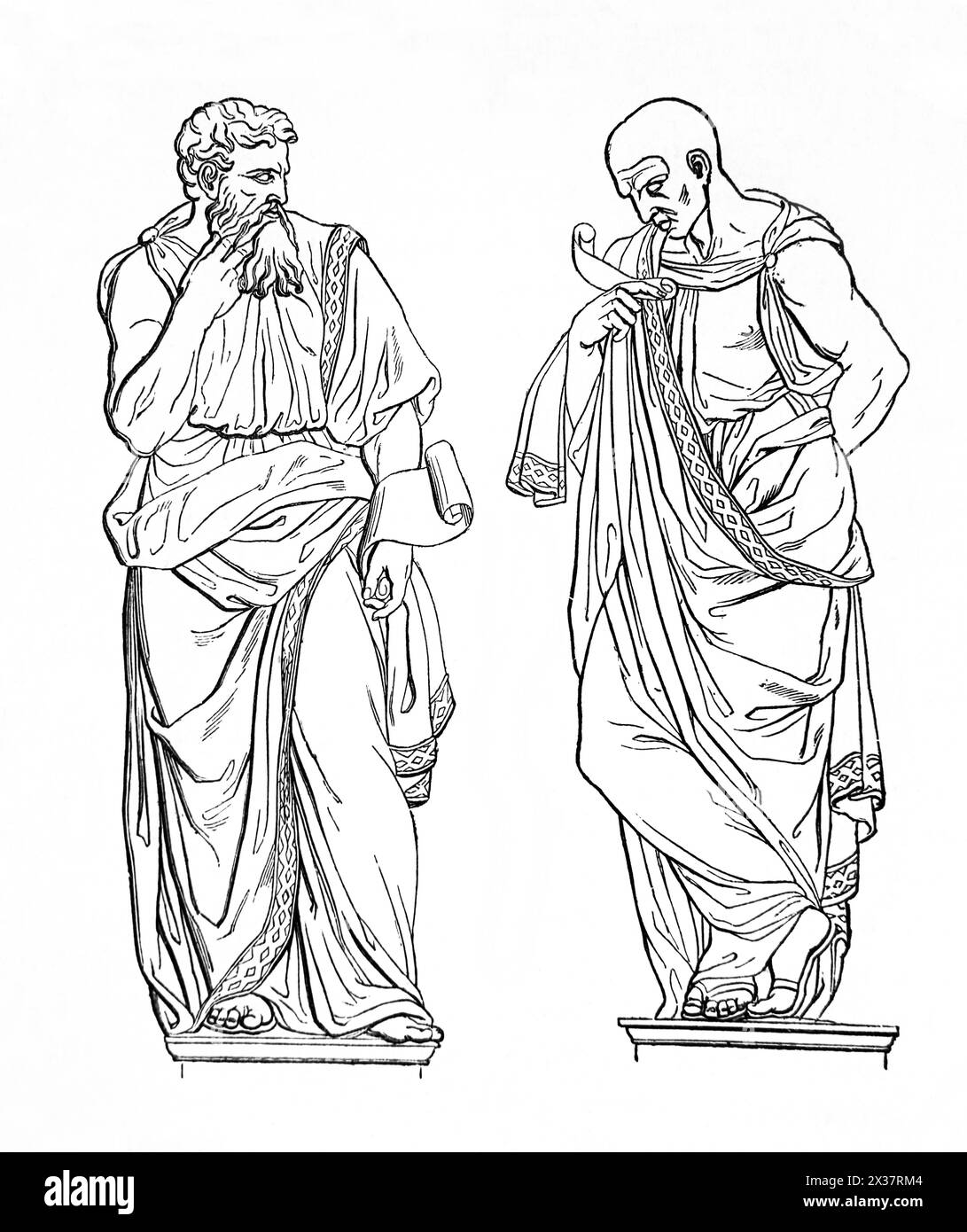 Holzgravur von Statuen, die Pharisäer und Levit in der antiken, illustrierten Familienbibel aus dem 19. Jahrhundert darstellen Stockfoto