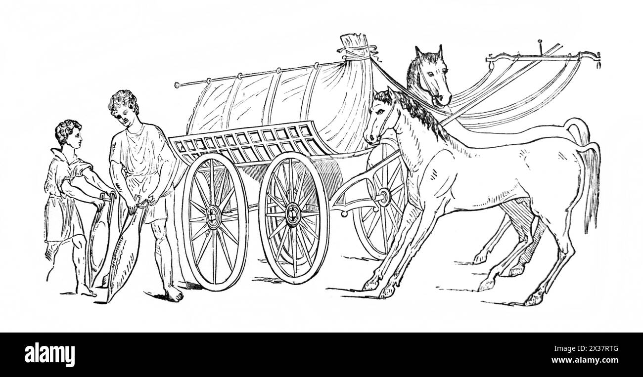 Holzgravierung eines Pferdewagens, der Wein in Amphoren liefert, von einem Gemälde, das in Pompeji in der illustrierten Familienbibel gefunden wurde Stockfoto