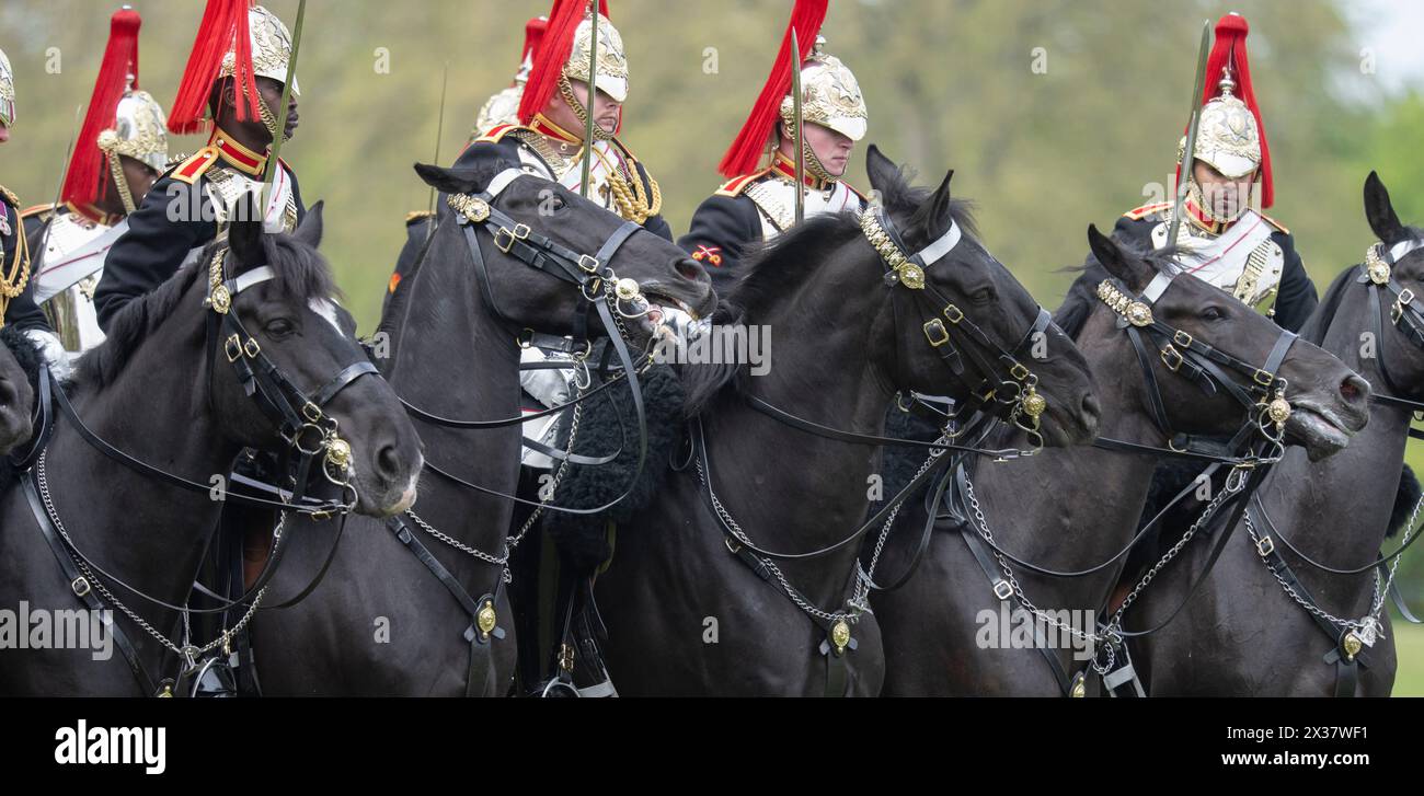 Hyde Park, London, Großbritannien. April 2024. Die Leibwächterparade des Königs im Hyde Park, um ihre Bereitschaft für einen weiteren hektischen Sommer zu beweisen. Nach intensiven Vorbereitungen, die Hunderte von Stunden Training, die körperliche und geistige Fähigkeiten von Pferden und Reitern beinhalteten, wird das Household Kavallerry Mounted Regiment während seiner jährlichen Inspektion durch Major General James Bowder OBE, den General Officer der Household Division, auf Herz und Nieren geprüft. Der Major General, der Jumping Jack reitet, inspiziert das Regiment, gebildet auf den Old Football Plätzen im Hyde Park. Das Regiment, c Stockfoto