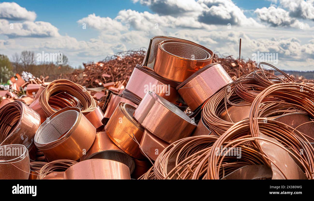 Werkstoff, Metall, Kupfer, eine große Menge Metallabfälle aus Kupfer auf einer Halde zum Recycling Stockfoto