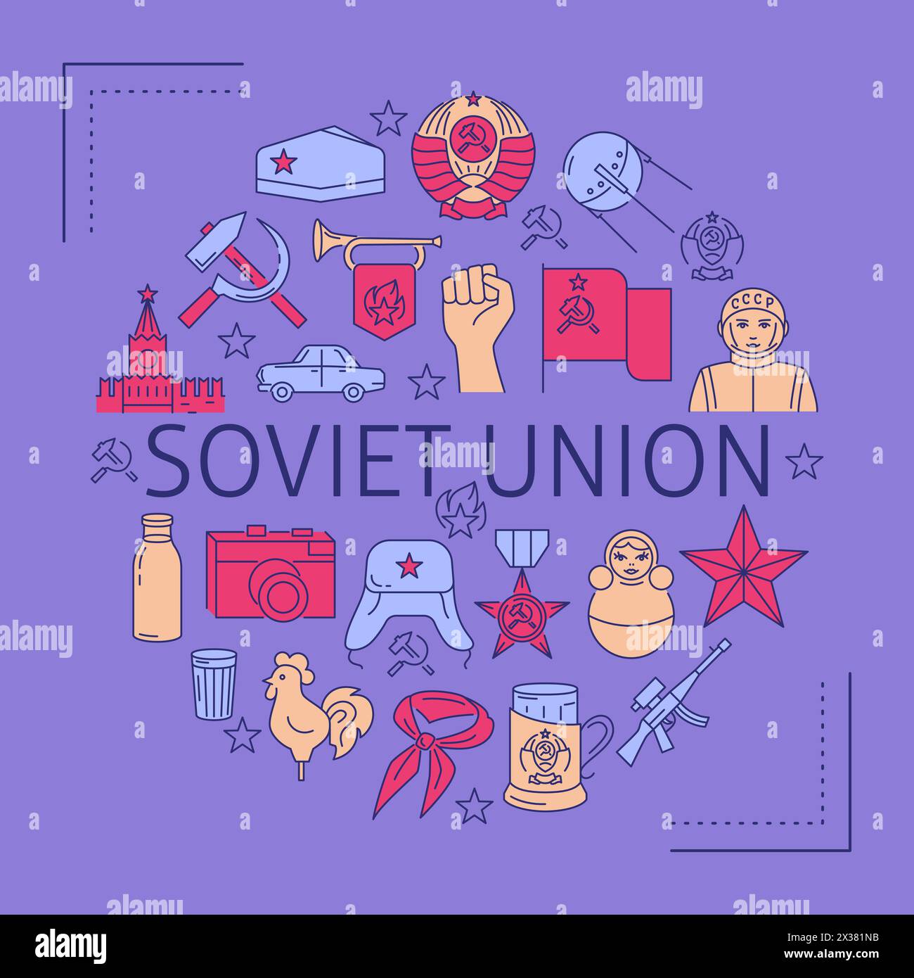 Sowjetische Rundkonzeptplakat. Symbole des Kommunismus der UdSSR. Vektorabbildung. Stock Vektor