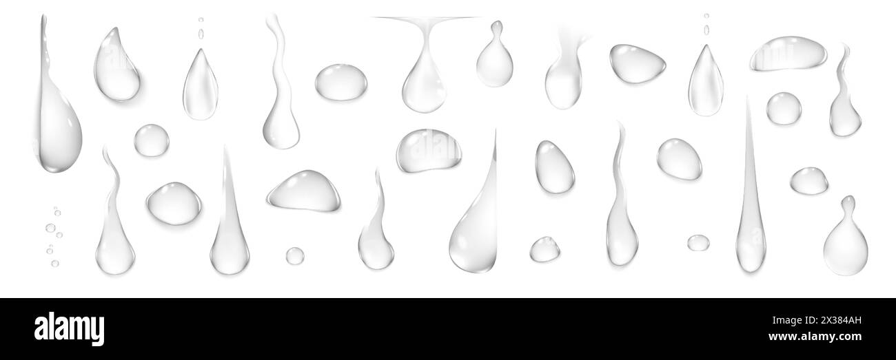 Realistisch fließende Regentropfen gesetzt. Eine Sammlung von Realismus-Stil, die aus der Nahaufnahme der Dusche herunterfloss, spritzte Tropfen in natürlichem Zustand. Abbildung von b Stock Vektor