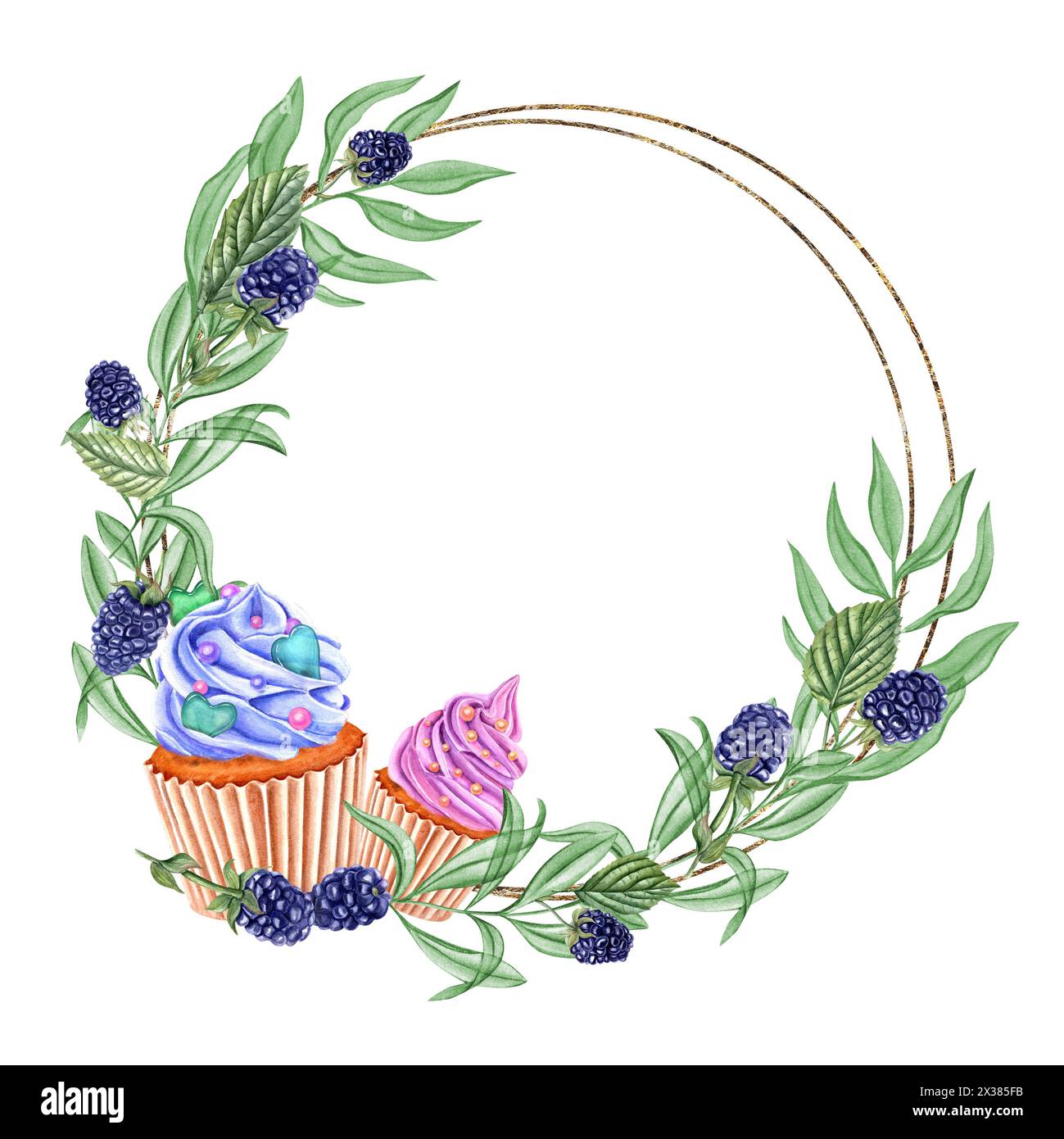 BlackBerry Cupcakes mit Schlagsahne. Runder goldener Rahmen mit grünen Blättern und Beeren. Kopierbereich für Text. Rosafarbene und blaue Muffins mit Belag Stockfoto