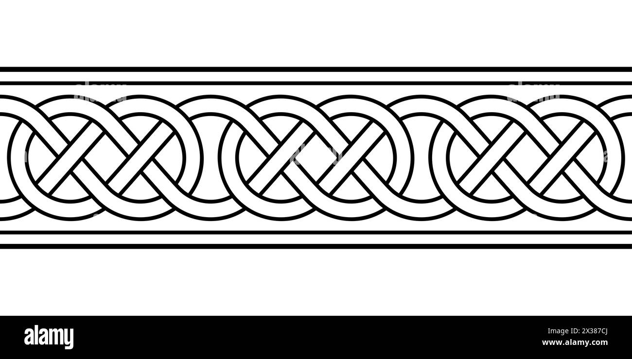 Klöppelrand, nahtlose Fliesen und Muster im typischen keltischen Stil. Miteinander verflochtene Linien, die Knoten bilden. Traditionelles Motiv und Vorlage. Stockfoto