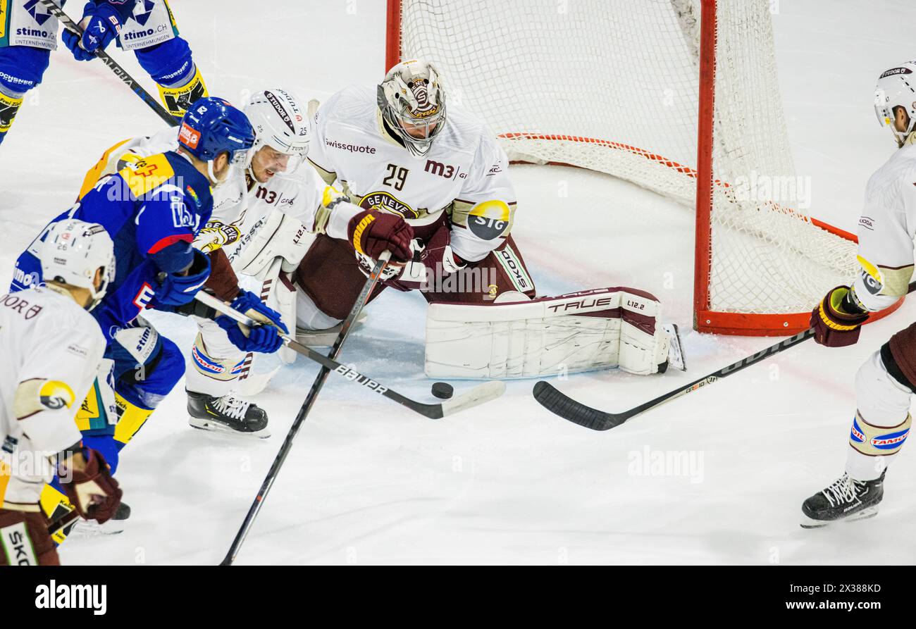 Die Genfer Defensive rund um Torhüter #29 Robert Mayer ist gefordert. Der Klotener #62 Harrison Luc Schreiber will den Abpraller verwerten. (Kloten Stockfoto