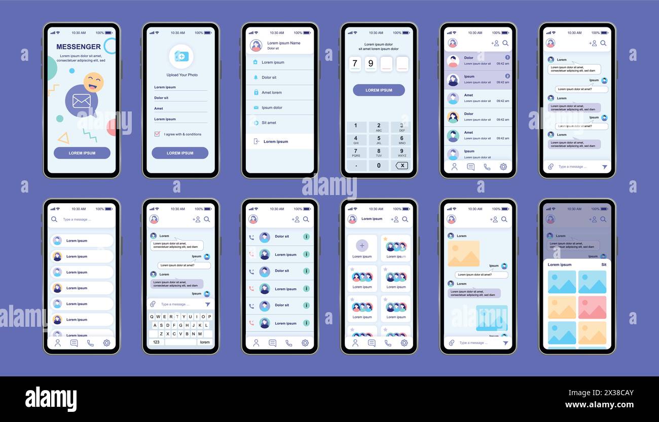 Online Messenger einzigartiges Design-Kit für App. Bildschirme sozialer Netzwerke mit Benutzermenü und Profil, Kontakten, Chat mit Tastatur. Mobile Messenger UI, UX t Stock Vektor