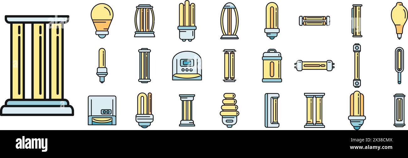 UV-Lampen-Symbole legen den Konturvektor fest. Pflegeklinik. Glühlampenreiniger, dünne Linie, flach auf weiß Stock Vektor