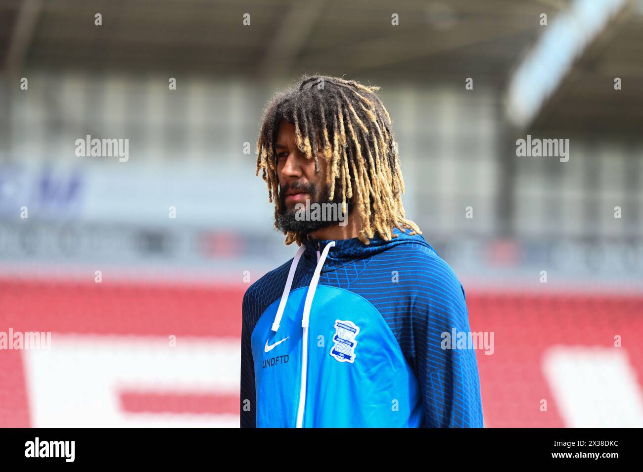 Birmingham City Dion Sanderson, der am Samstag, den 20. April 2024 im New York Stadium vor dem Meisterschaftsspiel mit Rotherham United ankam. Stockfoto