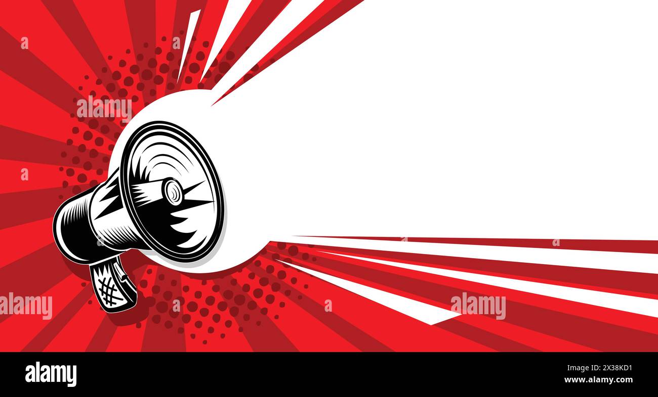 Lautsprecher, Megaphon mit Beleuchtung auf rotem Hintergrund. Vektorvorlage zum Kopieren von Text im Pop-Art-Stil Stock Vektor