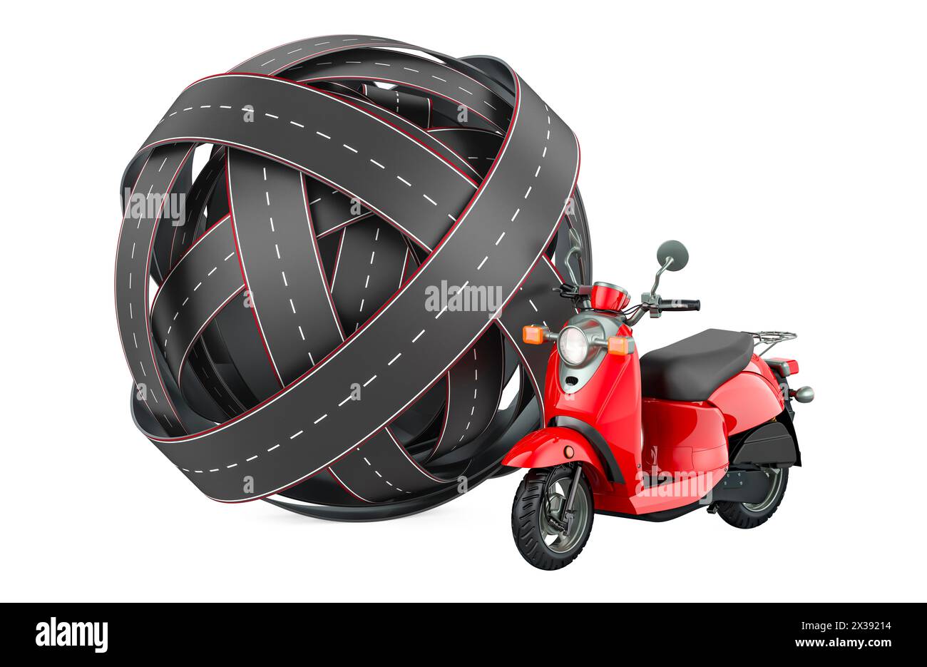 Verworrener Straßenball mit Motorroller, Moped. 3D-Rendering isoliert auf weißem Hintergrund Stockfoto