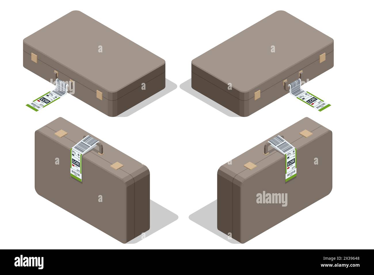 Isometrische Gepäckpapieranhänger mit Barcode. Gepäckinformationen und Ausweisband. Barcode für den Transport von Reisen. Barcode für Gepäck am Flughafen Stock Vektor