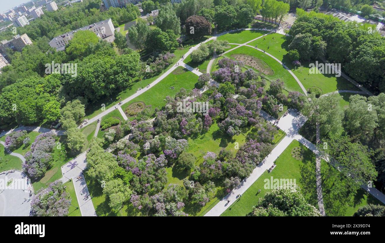 Am sonnigen Frühlingstag können sich die Bürger im Flieder-Garten nahe dem Dry Fountain erholen. Luftaufnahme Stockfoto