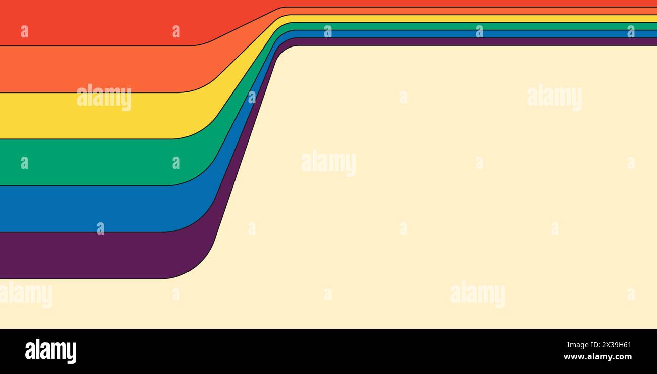 Horizontales Banner im Retro-Regenbogenfarben mit Streifenmuster. Geometrischer Hippie-Regenbogen mit perspektivischem Flow-Druck. Abstrakte, spektrale irisierende Vintage-Hippie-Streifen. Trendige Minimal Disco y2k farbenfrohe Kunstlinien Stock Vektor