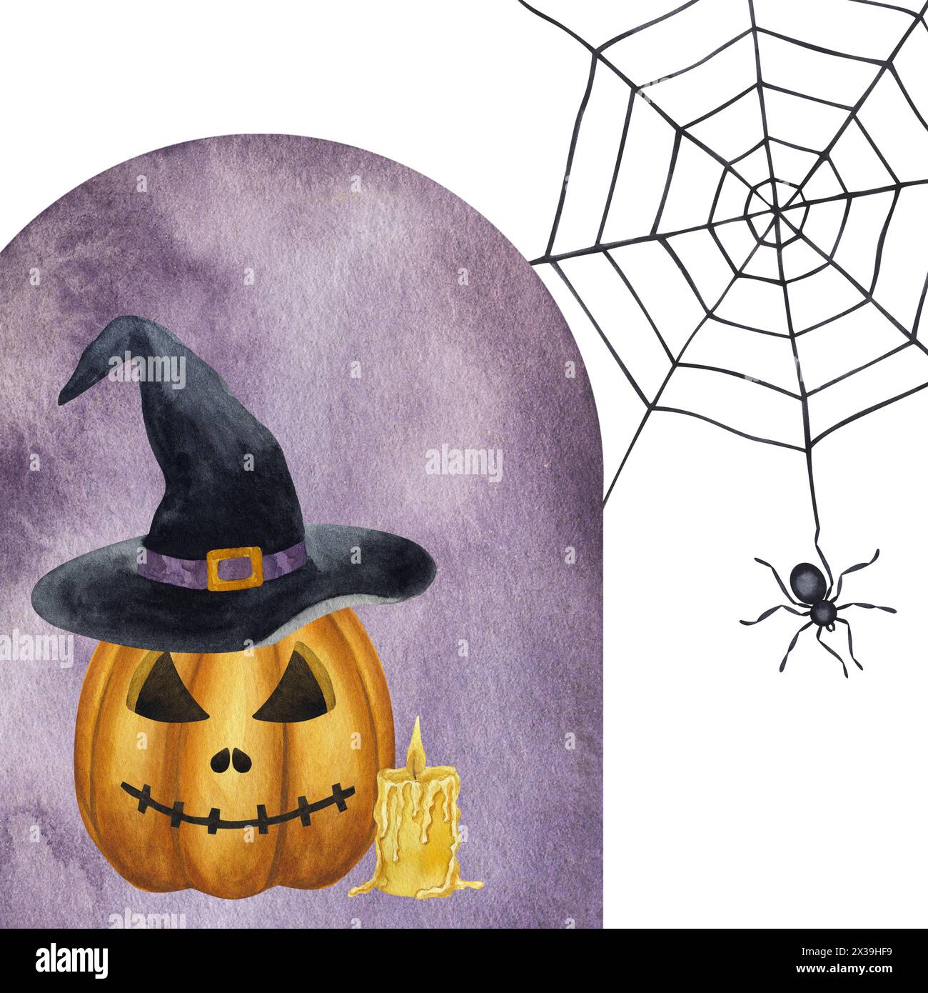 Halloween-Clipart Jack o Laterne geschnitzter orangener Kürbis in schwarzem Hexenhut, Wachskerze brennende Flamme auf lila Hintergrund. Die schwarze Spinne hängt an Spinnweben. Stockfoto