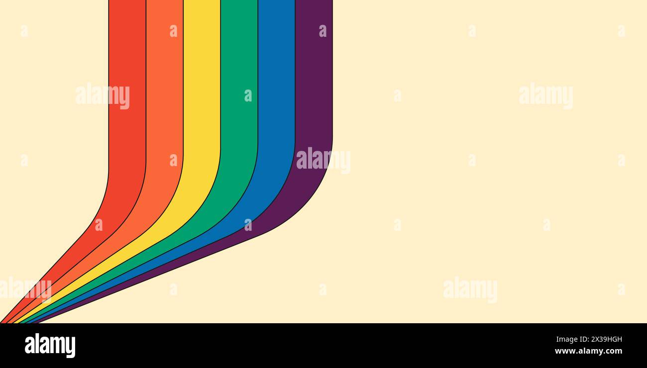 Horizontales Banner im Retro-Regenbogenfarben mit Streifenmuster. Geometrische Hippie-Regenbogen-Abdeckung mit perspektivem Fluss. Abstrakte, spektrale irisierende Vintage-Hippie-Streifen. Trendige Minimal Disco y2k farbenfrohe Kunstlinien Stock Vektor