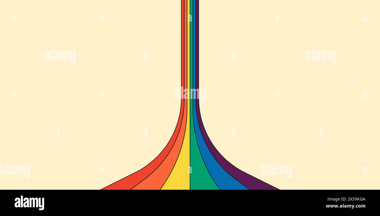Horizontales Banner im Retro-Regenbogenfarben mit Streifenmuster. Geometrischer Hippie-Regenbogen mit perspektivischem Flow-Druck. Abstrakte irisierende Streifen im Hippie-Stil. Trendige groovige Minimal y2k bunte Spektralkunst Stock Vektor