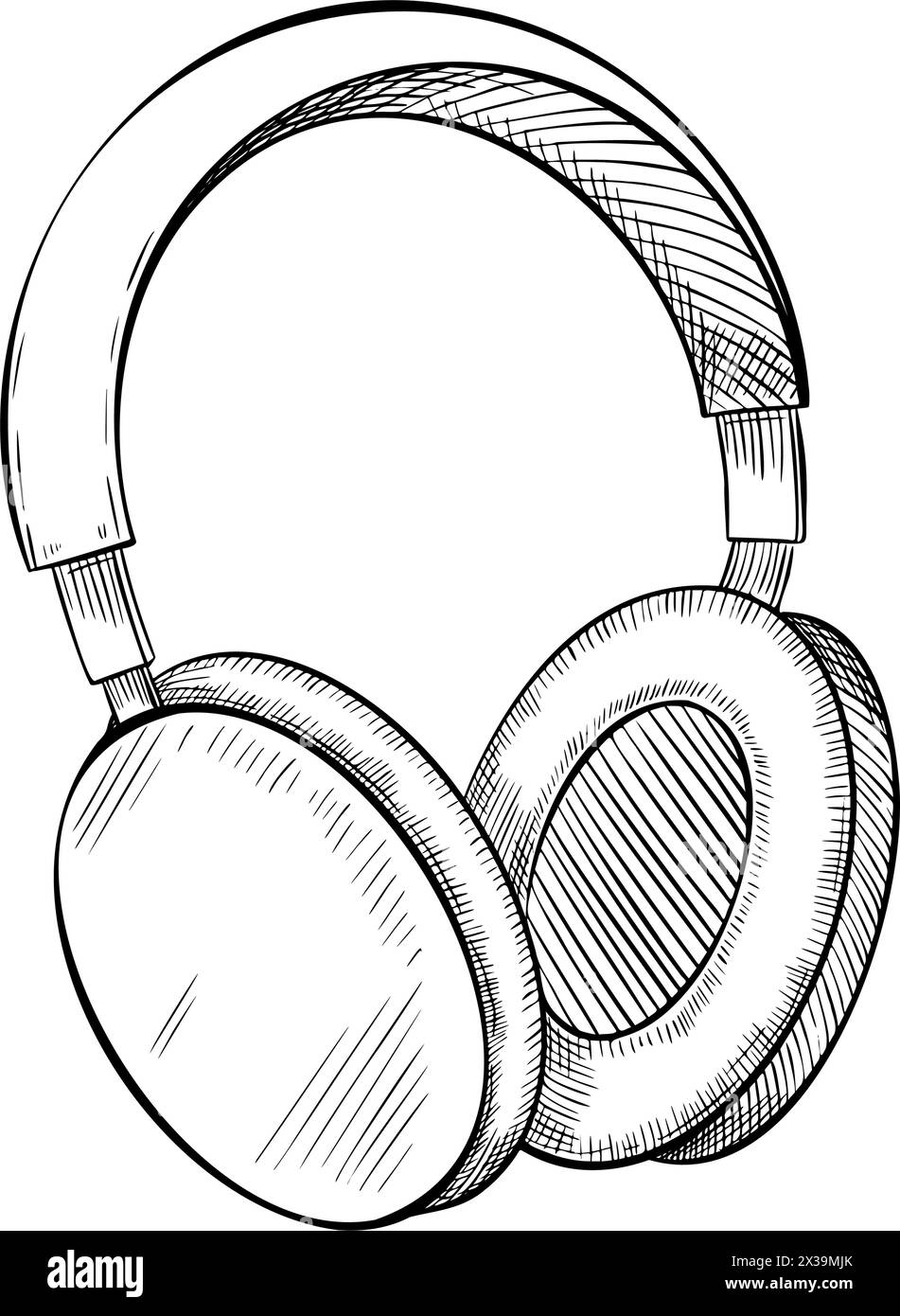 Vektorabbildung von Kopfhörern. Zeichnung des Kopfhörers auf isoliertem Hintergrund. Gravur des Headsets für Symbol oder Logo im linearen Stil. Skizze des Ohrhörers für Musik während des Sporttrainings. Stock Vektor