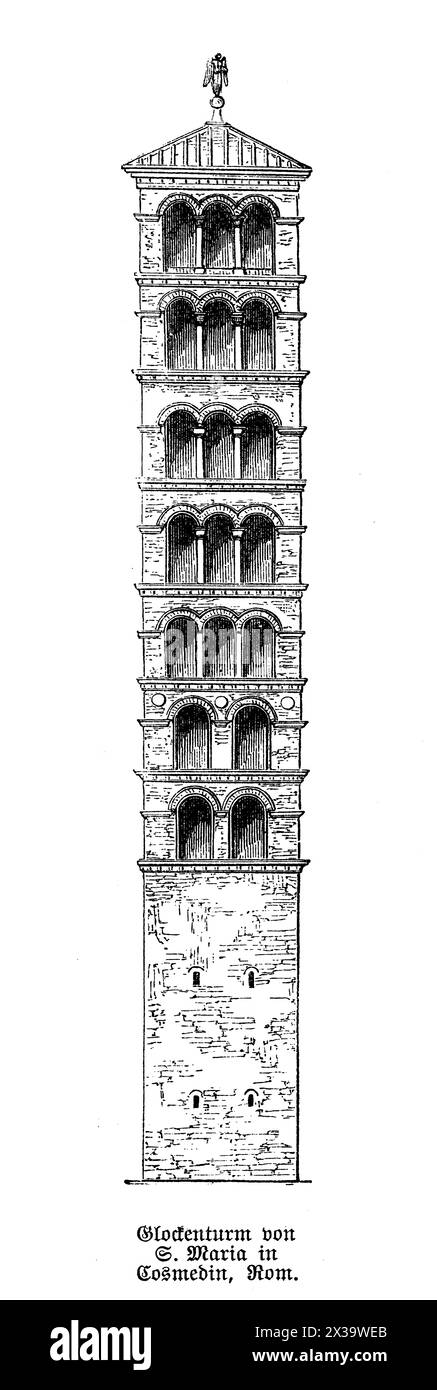 Der Glockenturm von Santa Maria in Cosmedin in Rom, Italien, ist ein eindrucksvolles Beispiel mittelalterlicher Architektur, bekannt für sein elegantes, schlankes Design und seine komplizierte Ziegelei. Dieser Turm wurde im 12. Jahrhundert erbaut und ist Teil des größeren Kirchenkomplexes, der bekannt ist für die Aufnahme des Mundes der Wahrheit (Bocca della Verità). Der Glockenturm verfügt über eine Reihe von kleinen, bogenförmigen Fenstern, die in Größe und Komplexität nach oben steigen und in einem pyramidenförmigen Dach gipfeln, das seine unverwechselbare Silhouette gegenüber der römischen Skyline ergänzt. Stockfoto