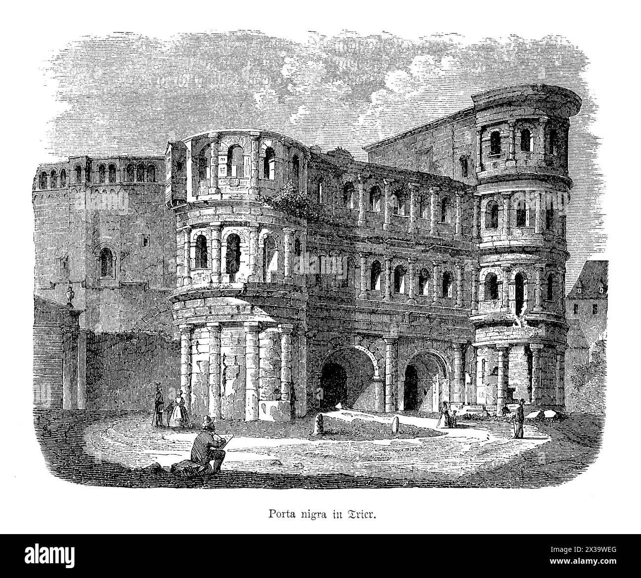 Die Porta Nigra in Trier ist eines der größten und am besten erhaltenen römischen Stadttore der Welt. Dieses imposante Gebäude, das Ende des 2. Jahrhunderts n. Chr. erbaut wurde, besteht aus großen Sandsteinblöcken, deren originale Eisenklemmen noch teilweise sichtbar sind. Die Porta Nigra ist bekannt für ihre monumentale Größe und robuste Bauweise und ist ein Zeugnis für römische Architekturkunst und Stadtplanung. Es diente ursprünglich als nördliches Tor zur Stadt und ist seither zum Symbol Triers und zu einer Hauptattraktion geworden, die Einblicke in den römischen Militär- und Bauingenieurbau bietet Stockfoto