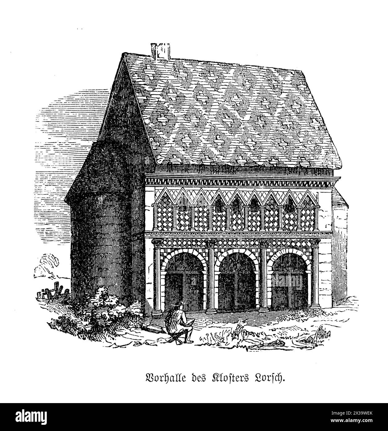 Die Torhalle des Klosters Lorsch in Hessen ist ein ikonisches Beispiel karolingischer Architektur. Die Torhalle ist für ihre bemerkenswerte Erhaltung bekannt und verfügt über aufwändige Schnitzereien und ein symmetrisches Design, das typisch für das frühmittelalterliche Zeitalter ist. Die Fassade ist mit Blindbögen und Pilastern geschmückt, die die architektonische Innovation des 9. Jahrhunderts widerspiegeln. Dieses Gebäude ist Teil des Klosterkomplexes Lorsch, ein UNESCO-Weltkulturerbe, das während des Karolingischen Reiches als wichtiges kulturelles und intellektuelles Zentrum diente. Stockfoto