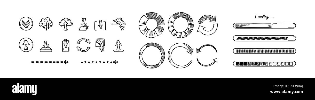 Doodle-Ladebalken, Kreise, Symbole. Handgezeichneter Satz von Grafik-, Anwendungs- und ui-Designelementen. Status des Skizzenfortschritts, Upload-Geschwindigkeit, Akkuladung. Stock Vektor