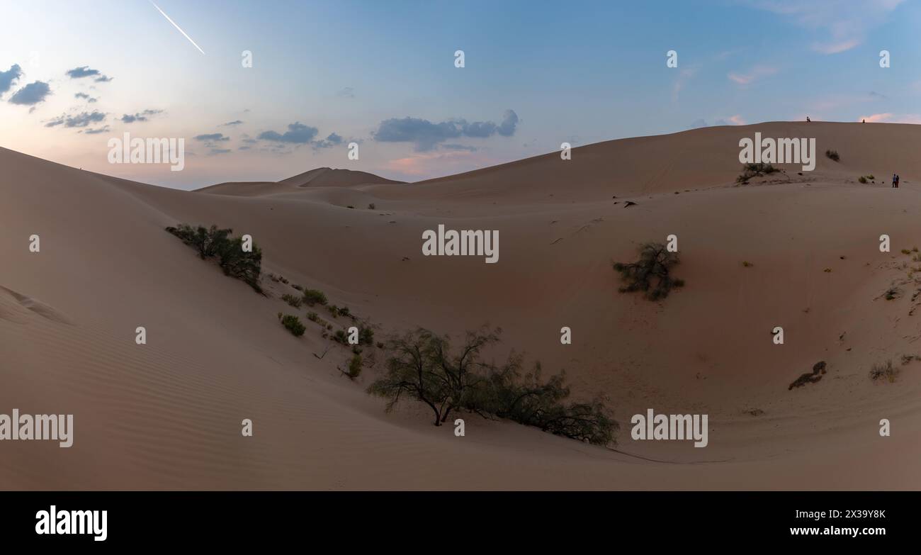 Ein Bild der Wüstenlandschaft außerhalb von Abu Dhabi bei Sonnenuntergang. Stockfoto