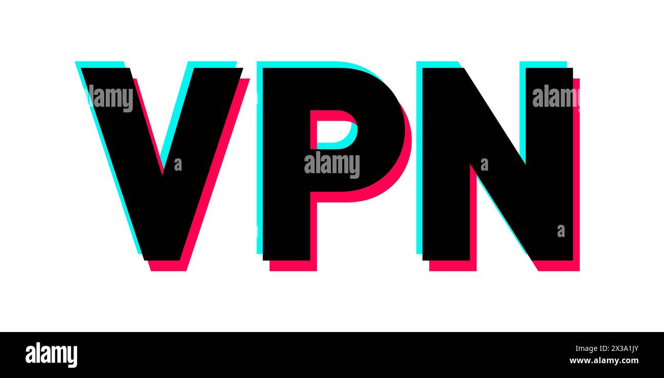 VPN. Online-Zugriff über ein virtuelles privates Netzwerk. Text in Farben der beliebten Social-Media-App. Vektorillustration isoliert auf weiß. Stockfoto