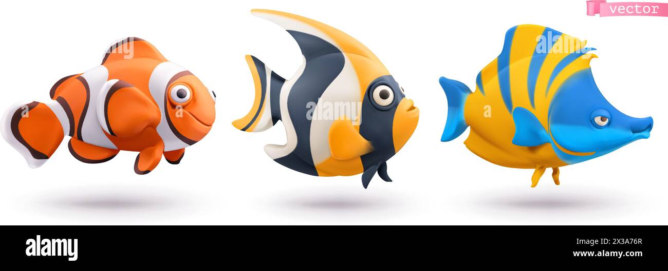 Lustige tropische Fische. Clownfish, Engelfisch, Butterflyfish 3D-Vektor-Zeichensatz Stock Vektor