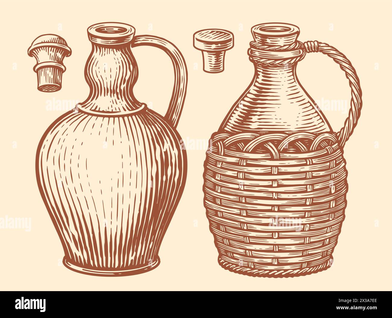 Tongefäße für Wein und Öl. Handgezeichnete Skizze Vintage Vektor Illustration Stock Vektor
