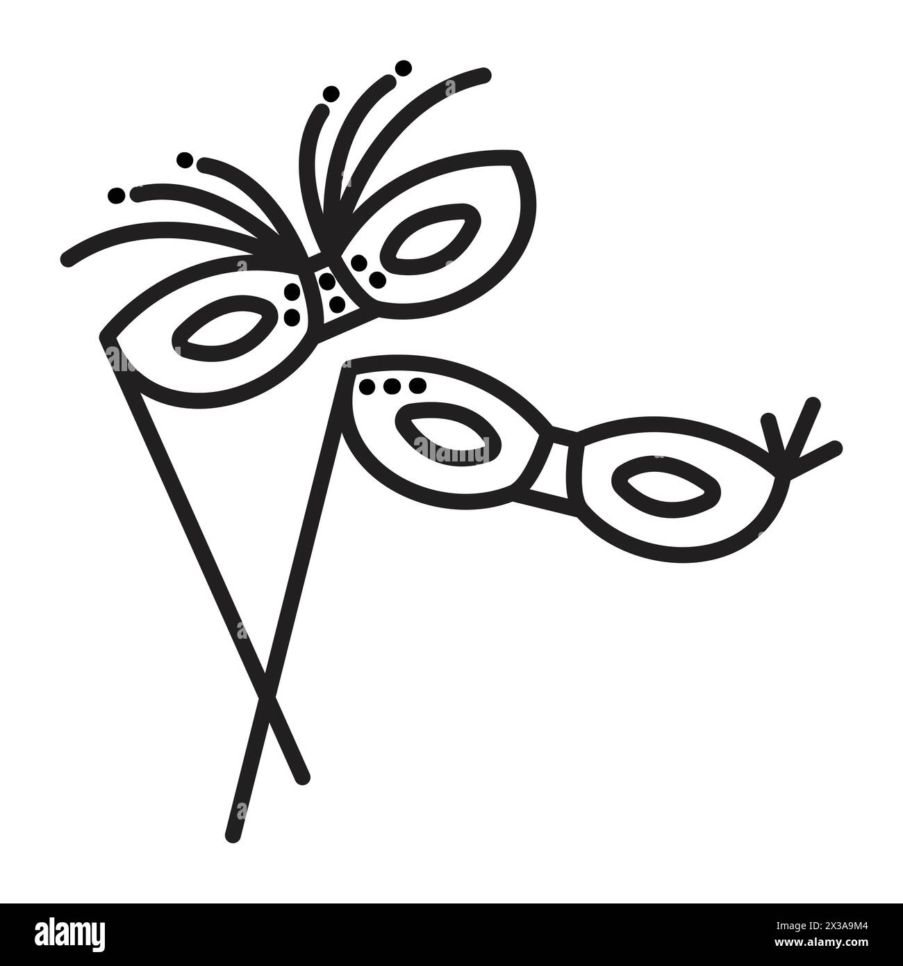 Zwei Augen Maskerade Masken mit Stäben, Vektor-Symbol mit schwarzer Linie Stock Vektor