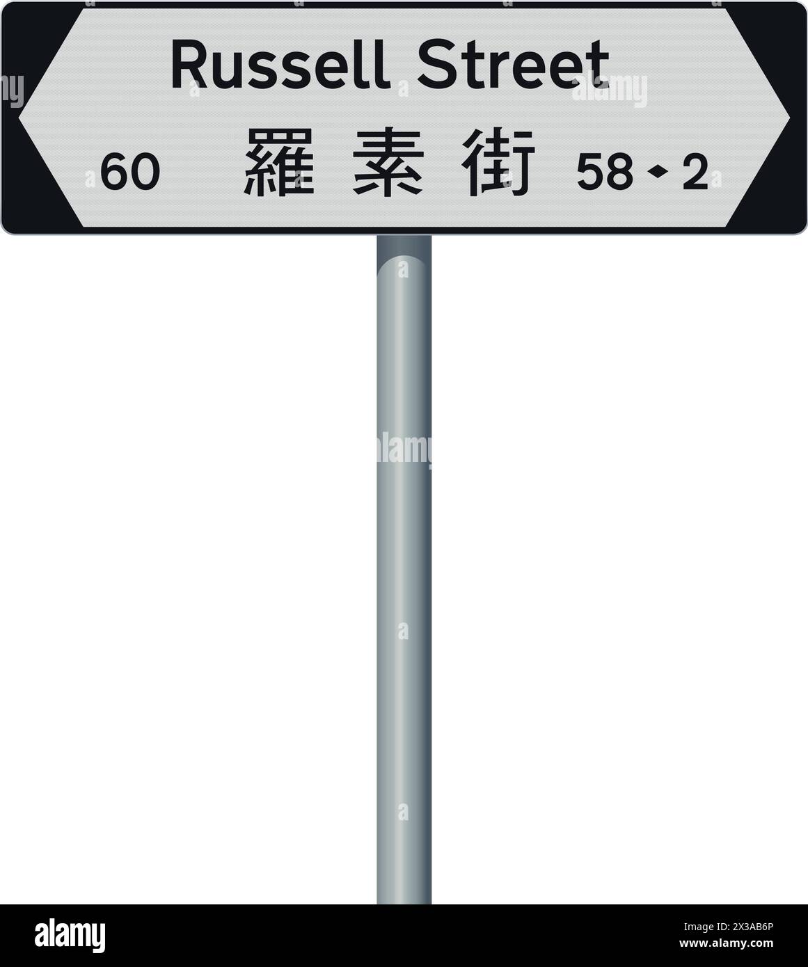 Vektorillustration der Russell Street (Hong Kong) weiß-schwarze Straßenschild mit chinesischer Übersetzung Stock Vektor