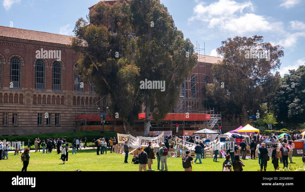 Los Angeles, USA. April 2024. Ein Lager, das gegen den Krieg in Gaza protestierte, wurde auf dem Royce Quad auf dem Campus der UCLA, der University of CA, gegründet Stockfoto