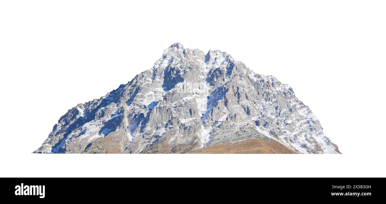 Wunderschöner Berg mit Schnee isoliert auf weiß Stockfoto
